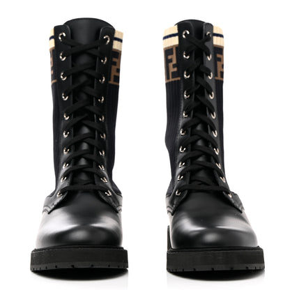 Fendi Calfskin Stretch Fabric Rockoko Biker Boots 40 Tobacco Black Marino 2 of 11