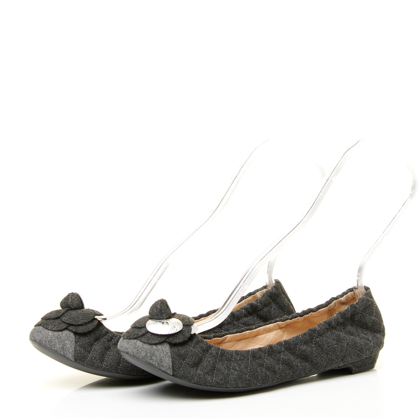 Tweed Quilted Camellia Cap Toe Ballerina Flats 37.5 Grey