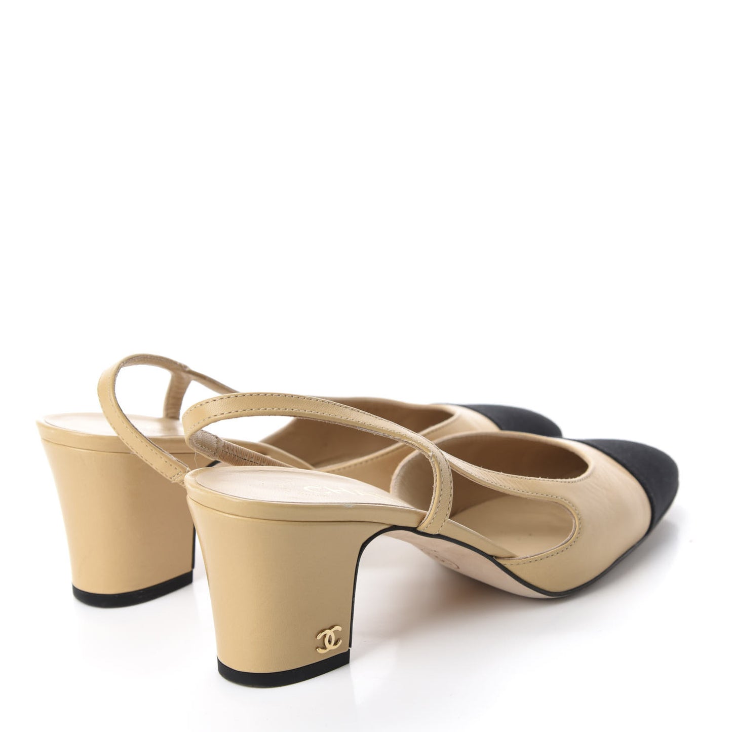 Goatskin Grosgrain Cap Toe CC Slingback Pumps 37 Beige Black