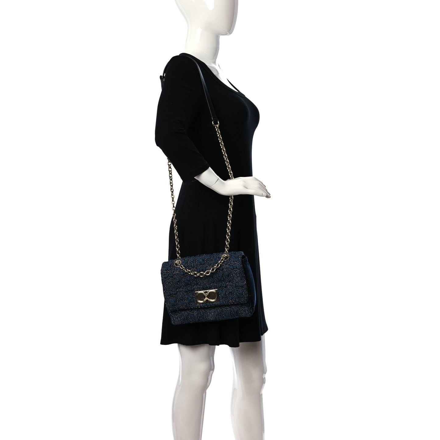 Denim Quilted Gancini Small Flap Bag Blue