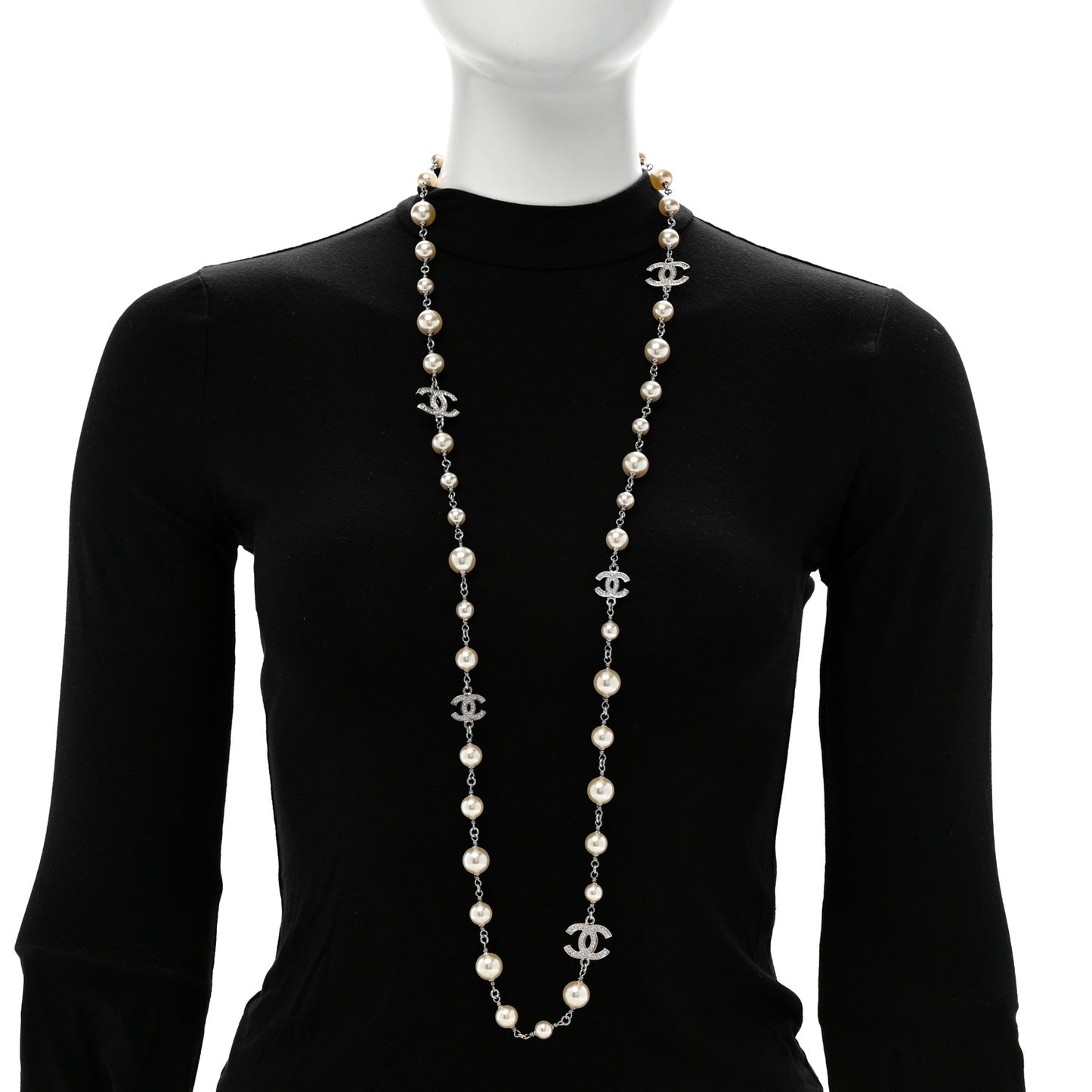 Crystal Pearl CC Long Necklace Silver