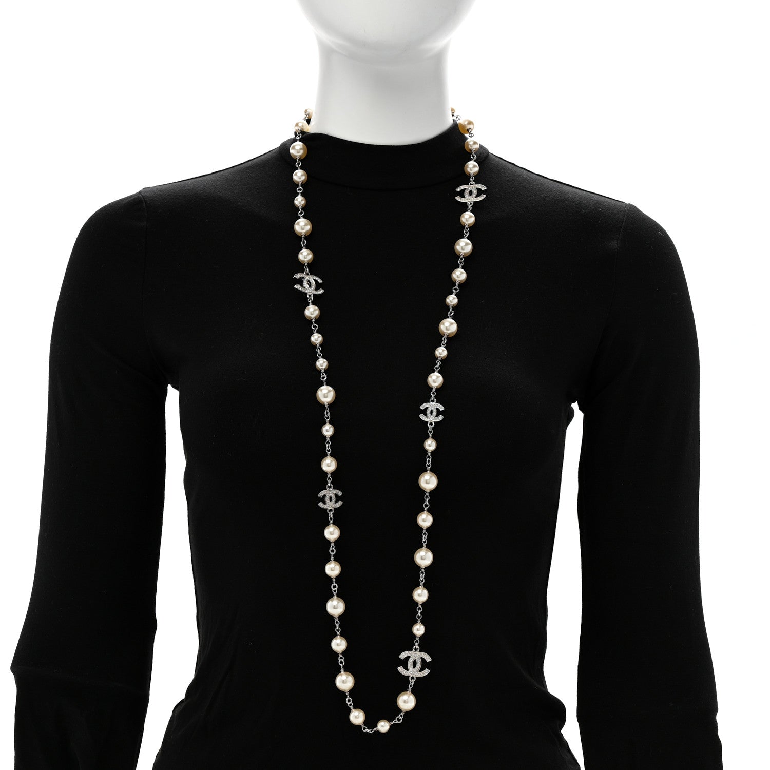 Chanel Crystal Pearl CC Long Necklace Silver 2 of 5