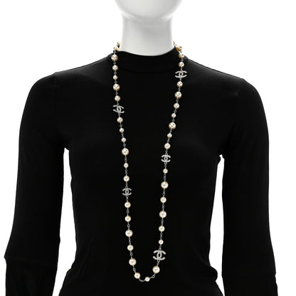 Chanel Crystal Pearl CC Long Necklace Silver 2 of 5