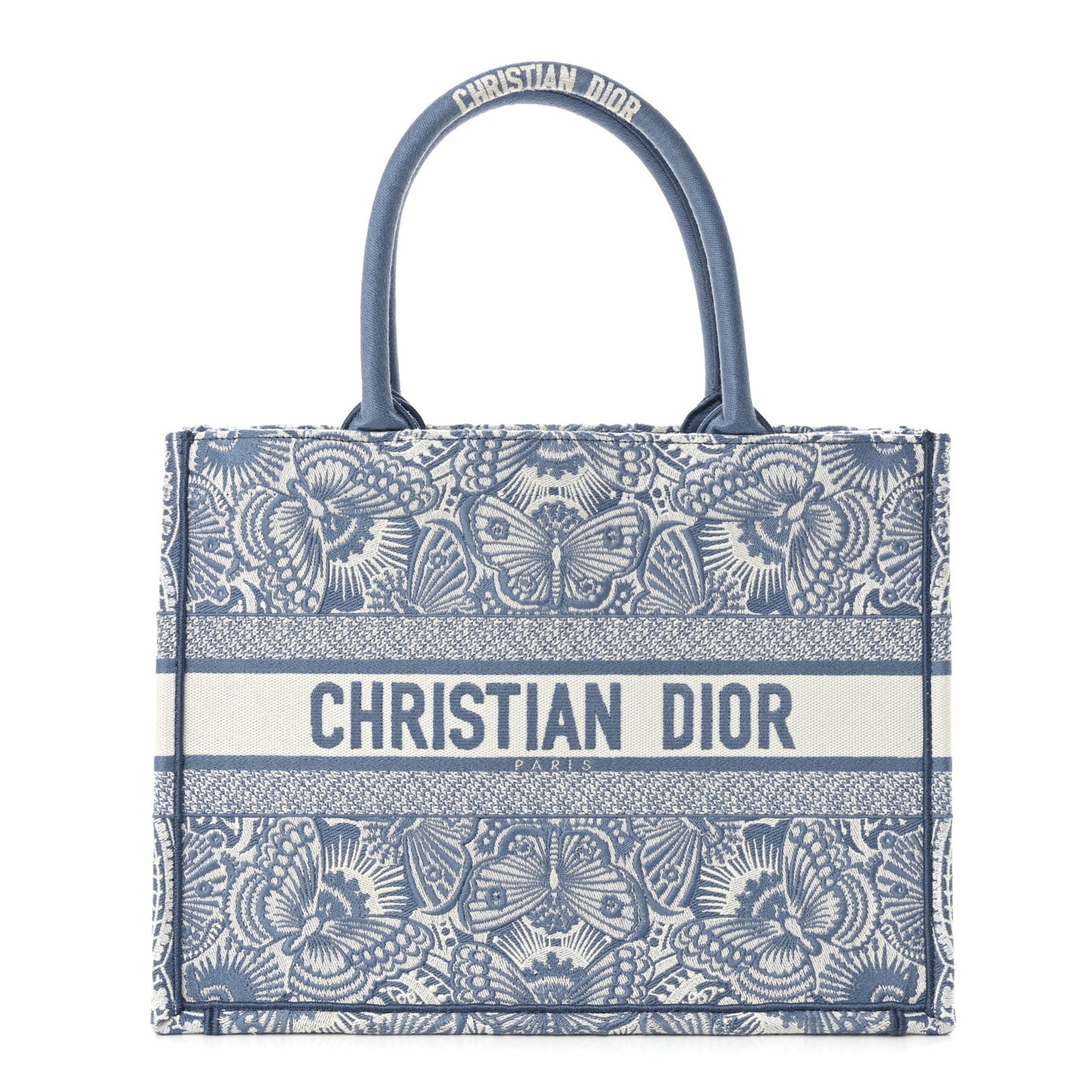 Canvas Embroidered Medium Butterfly Book Tote Azur White