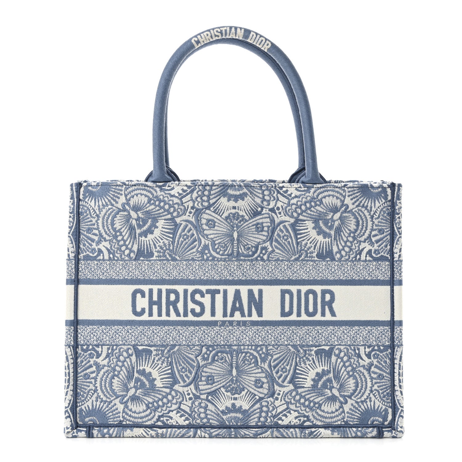 Christian Dior Canvas Embroidered Medium Butterfly Book Tote Azur White 1 of 11