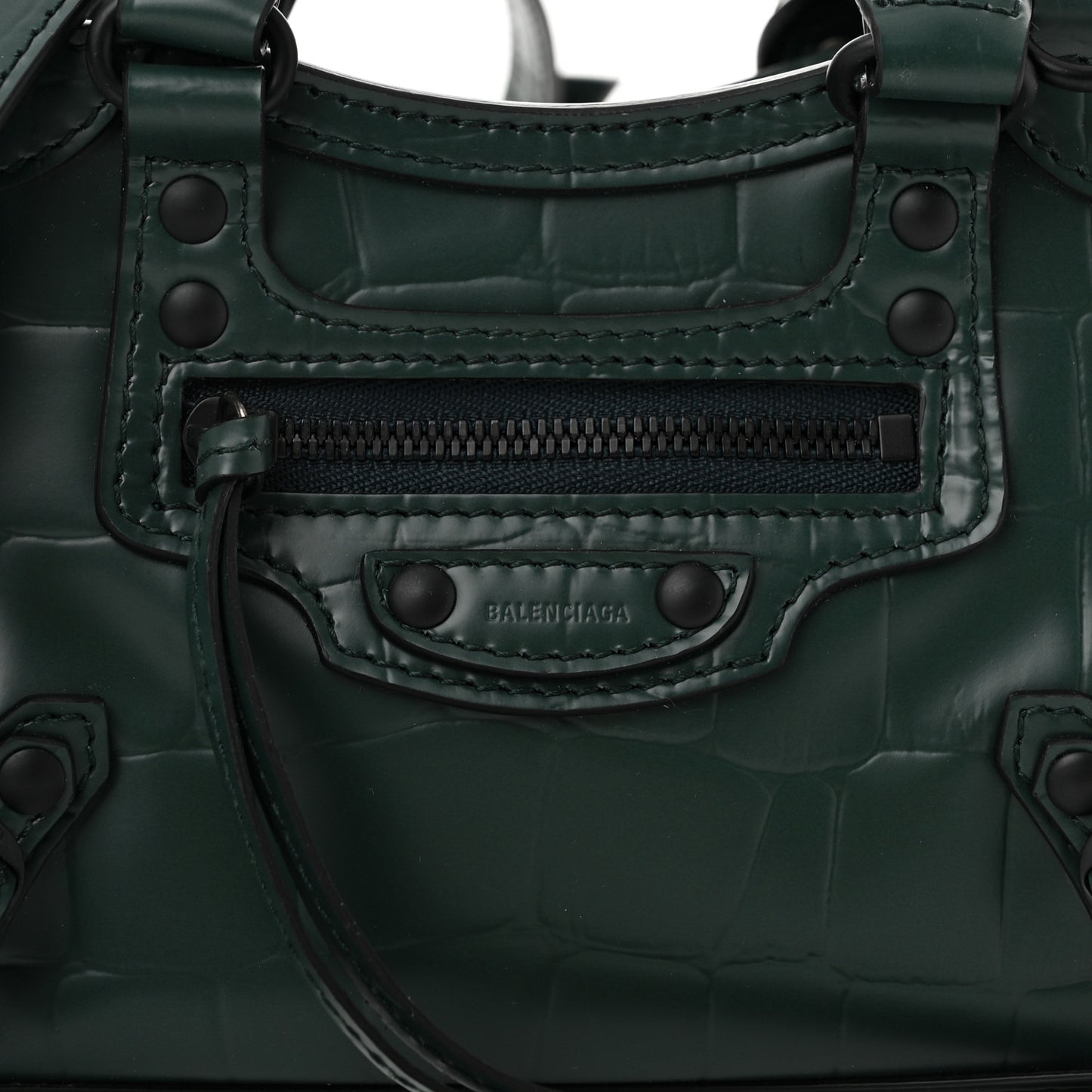 Semi Shiny Calfskin Crocodile Embossed Neo Classic Black Hardware Nano City Crossbody Forest Green