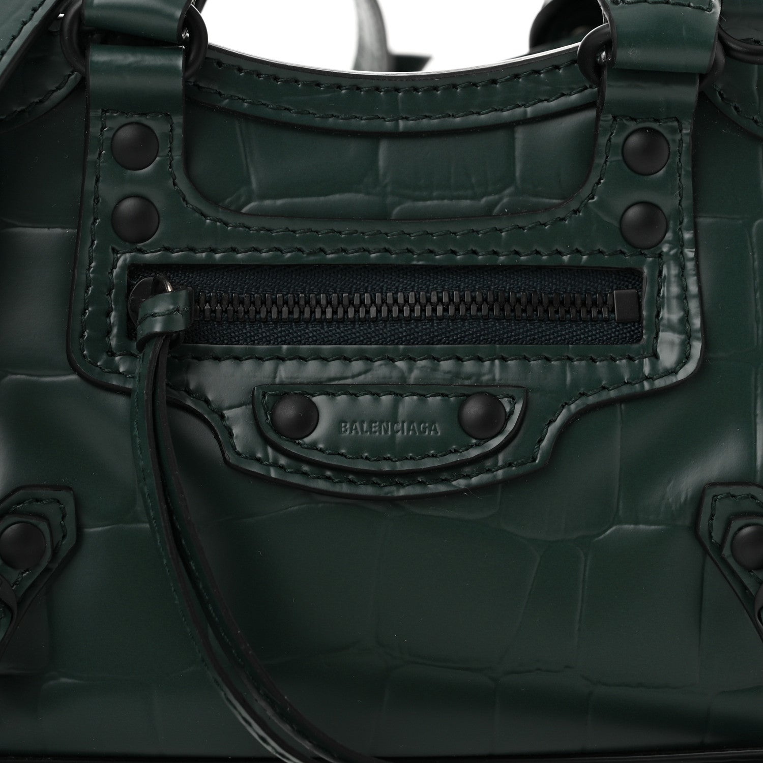 Balenciaga Semi Shiny Calfskin Crocodile Embossed Neo Classic Black Hardware Nano City Crossbody Forest Green 7 of 9