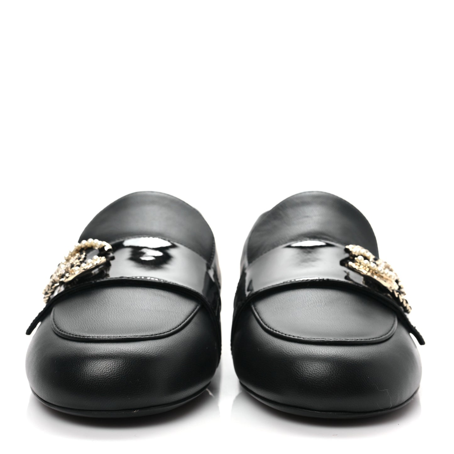 Patent Calfskin Lambskin Crystal CC Loafers 37.5 Black