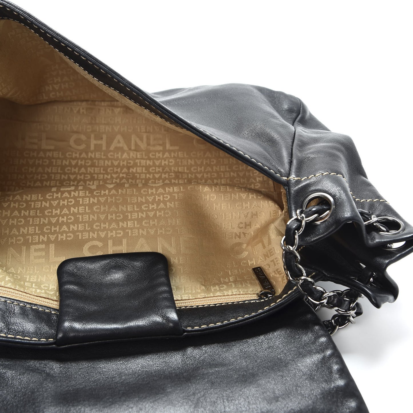Lambskin Contrast Stitch Surpique Accordion Flap Black
