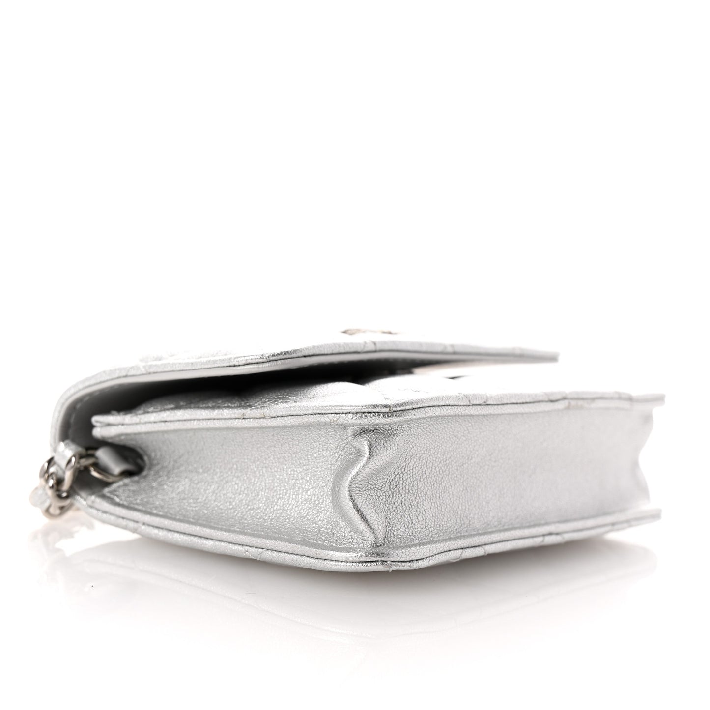 Metallic Goatskin Quilted Crystal CC Walk Of Fame Clutch With Chain Silver