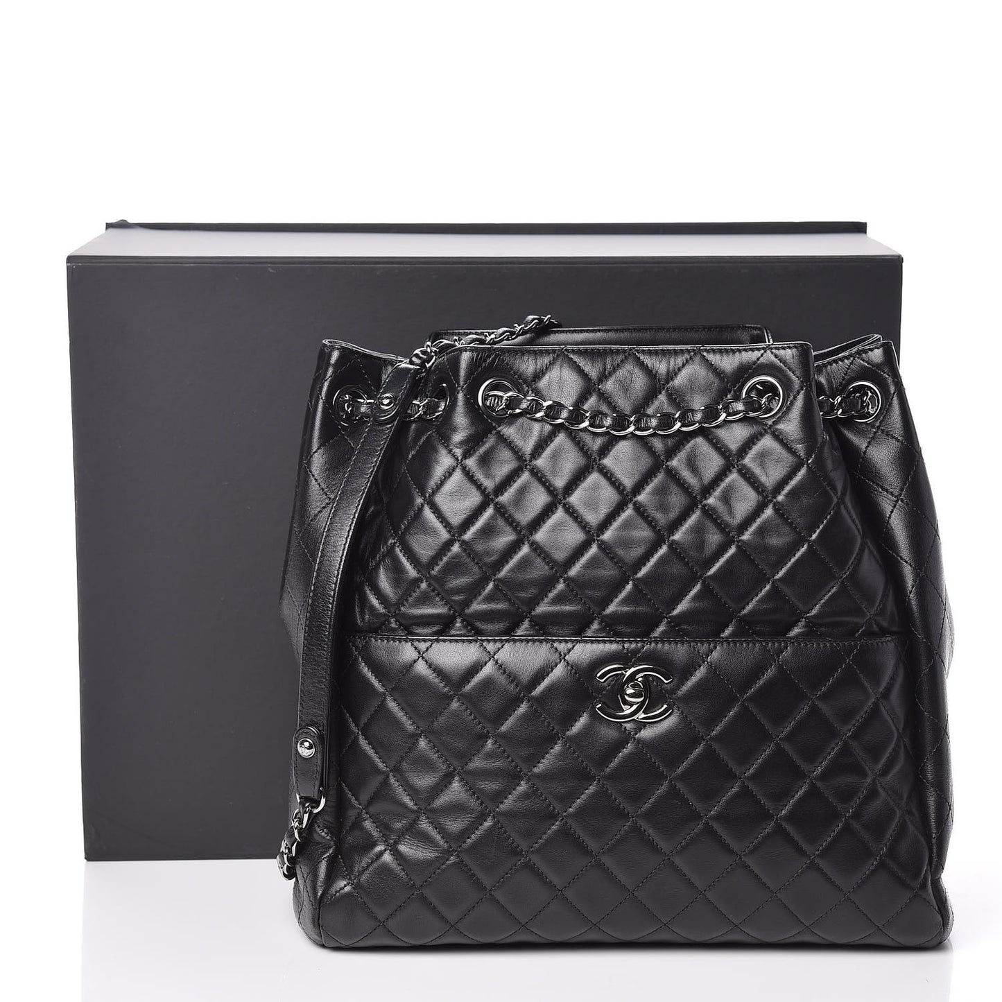 Lambskin Quilted Large Drawstring Shoulder Bag Black