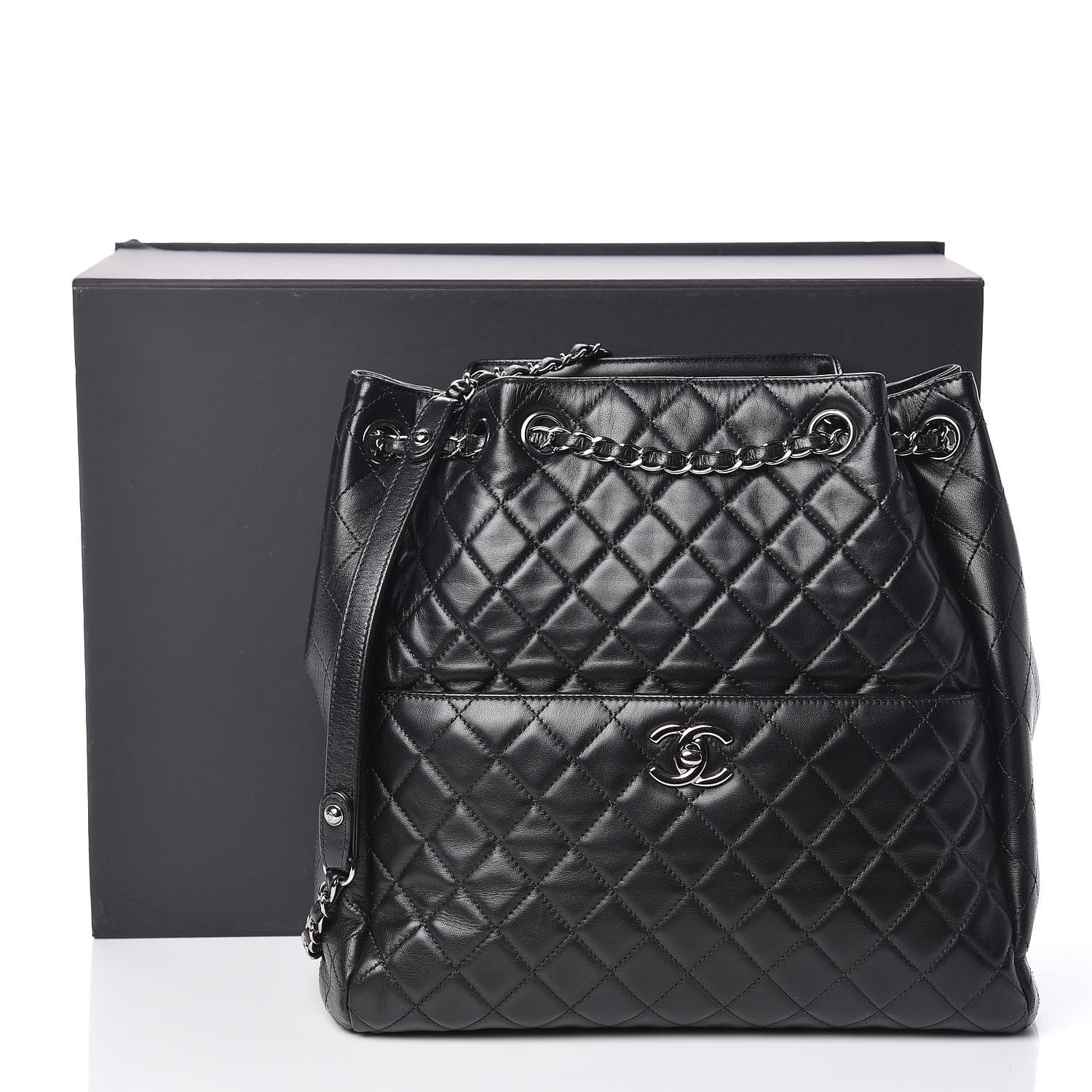 Chanel Lambskin Quilted Large Drawstring Shoulder Bag Black 10 of 10