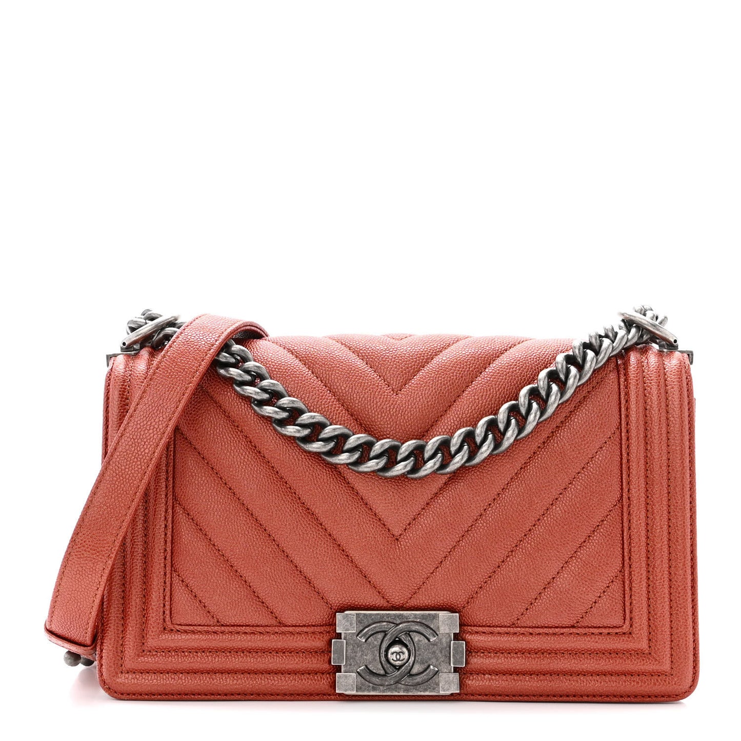 Metallic Caviar Chevron Quilted Medium Boy Flap Orange