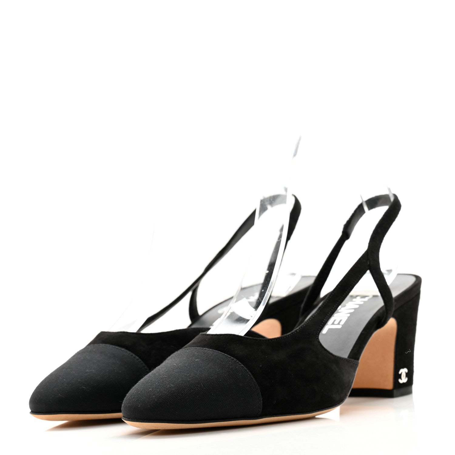 Chanel Velour Grosgrain Cap Toe CC Slingback Pumps 39 Black 3 of 13