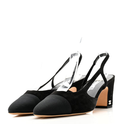 Chanel Velour Grosgrain Cap Toe CC Slingback Pumps 39 Black 3 of 13