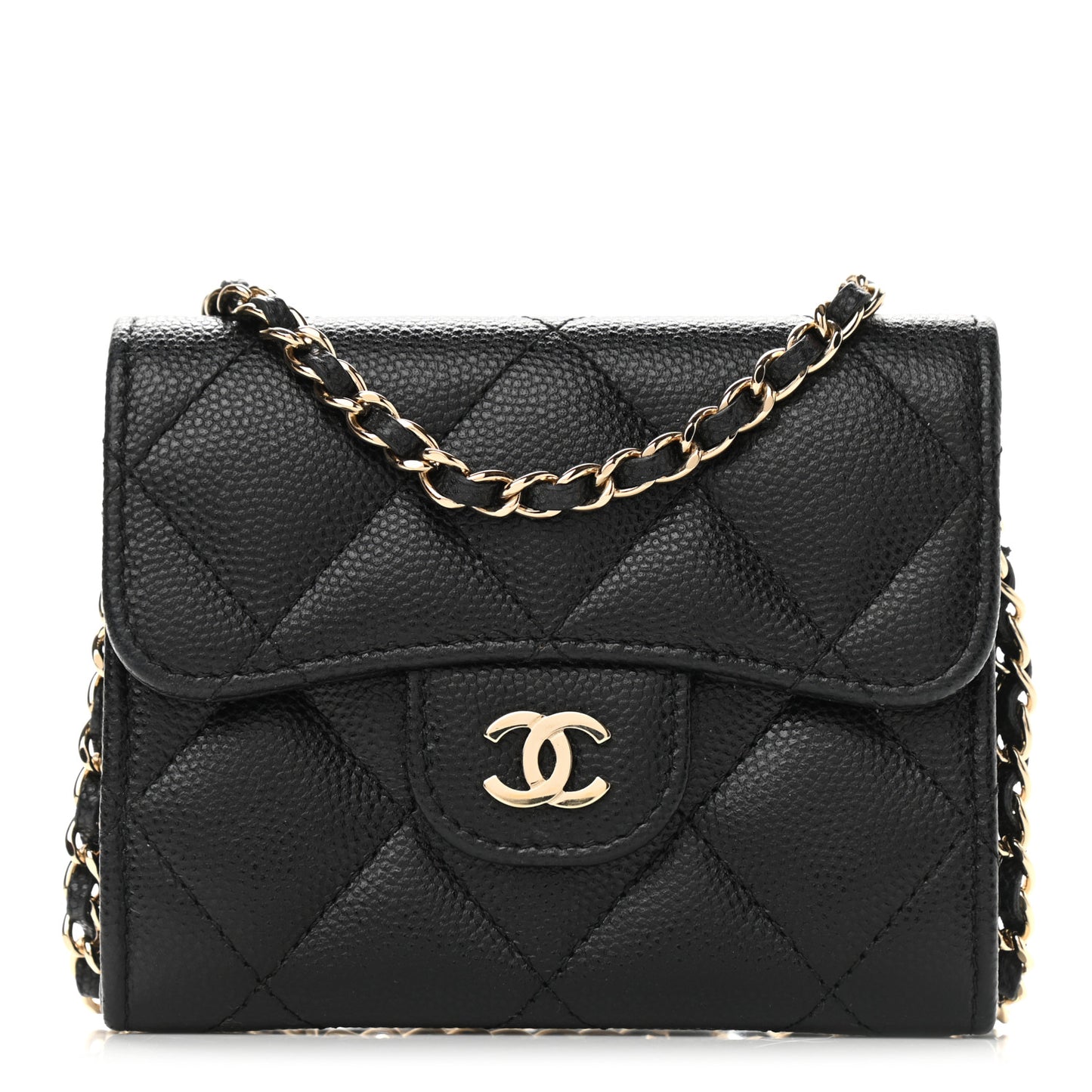 Caviar Quilted Flap Card Holder On Chain Black