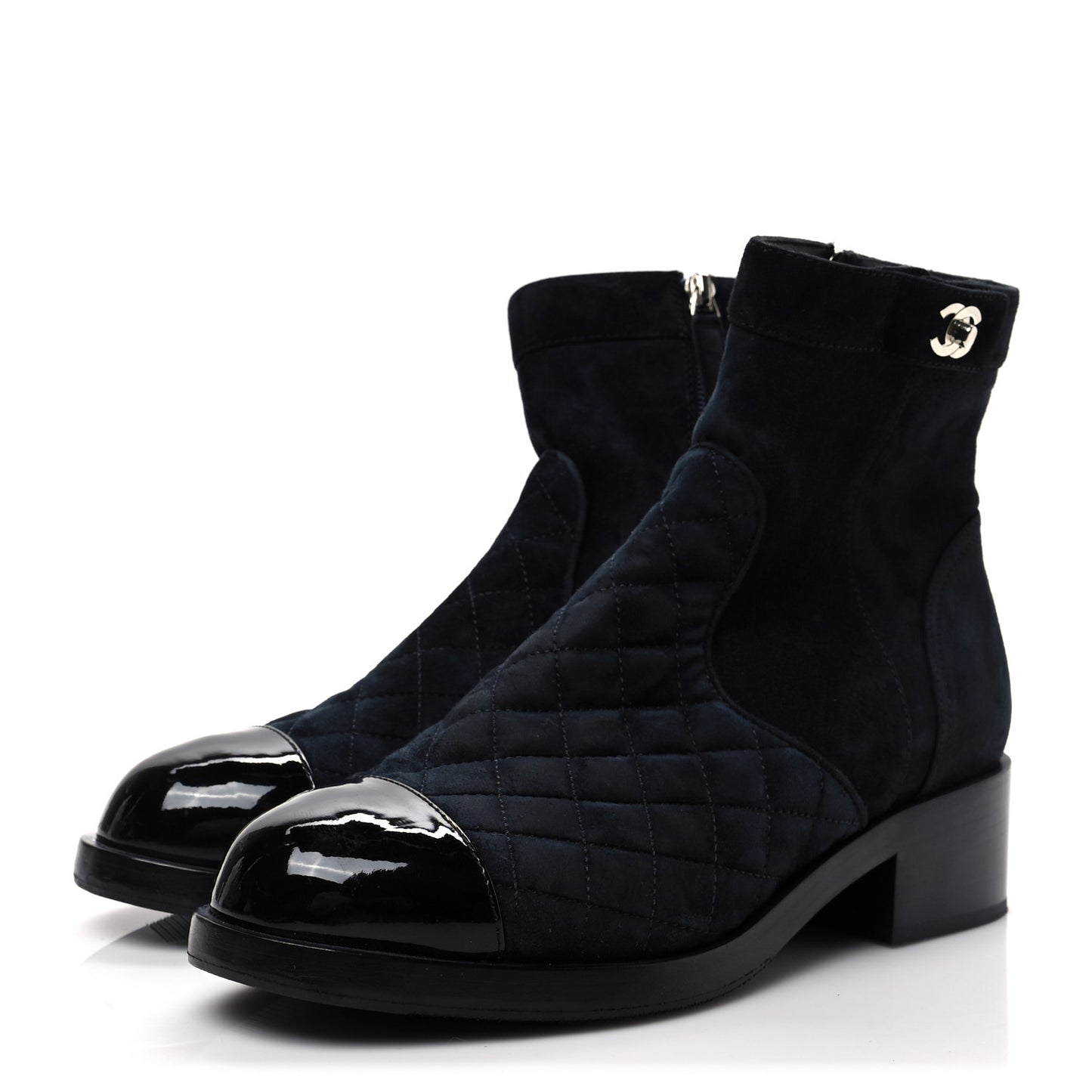 Suede Patent Calfskin Quilted Cap Toe Short Boots 41 Gray Black