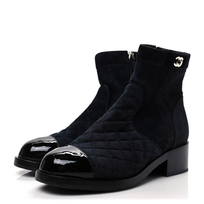 Chanel Suede Patent Calfskin Quilted Cap Toe Short Boots 41 Gray Black 3 of 8