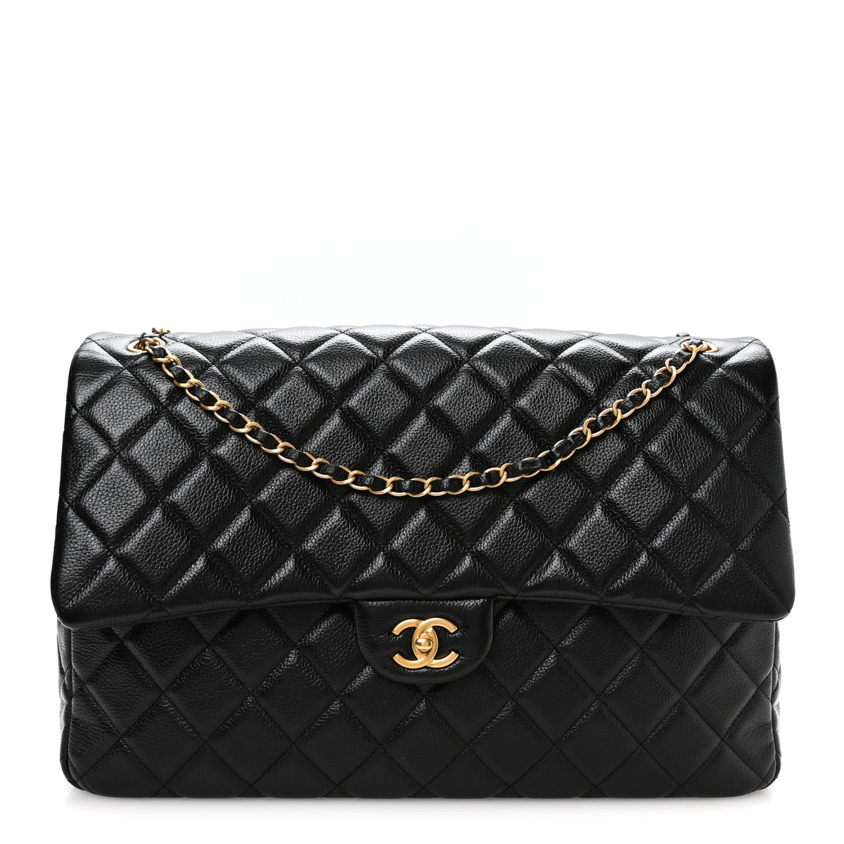 Grained Calfskin Quilted XXL Travel Flap Bag Black