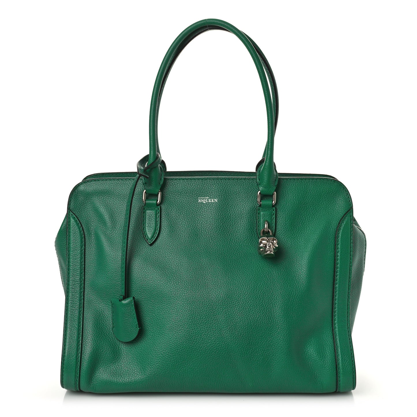 Pebbled Calfskin Large Skull Padlock Zip Around Tote Emerald