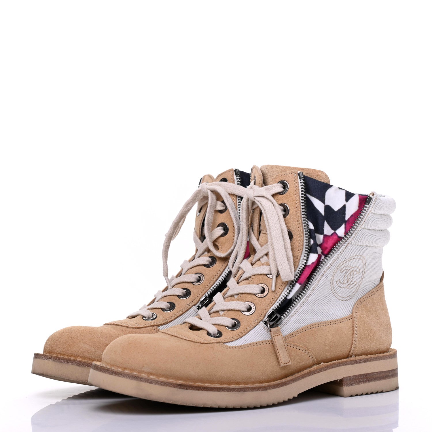 Chanel Toile Suede Calfskin CC Lace Up Short Boots 38.5 Light Beige 3 of 17