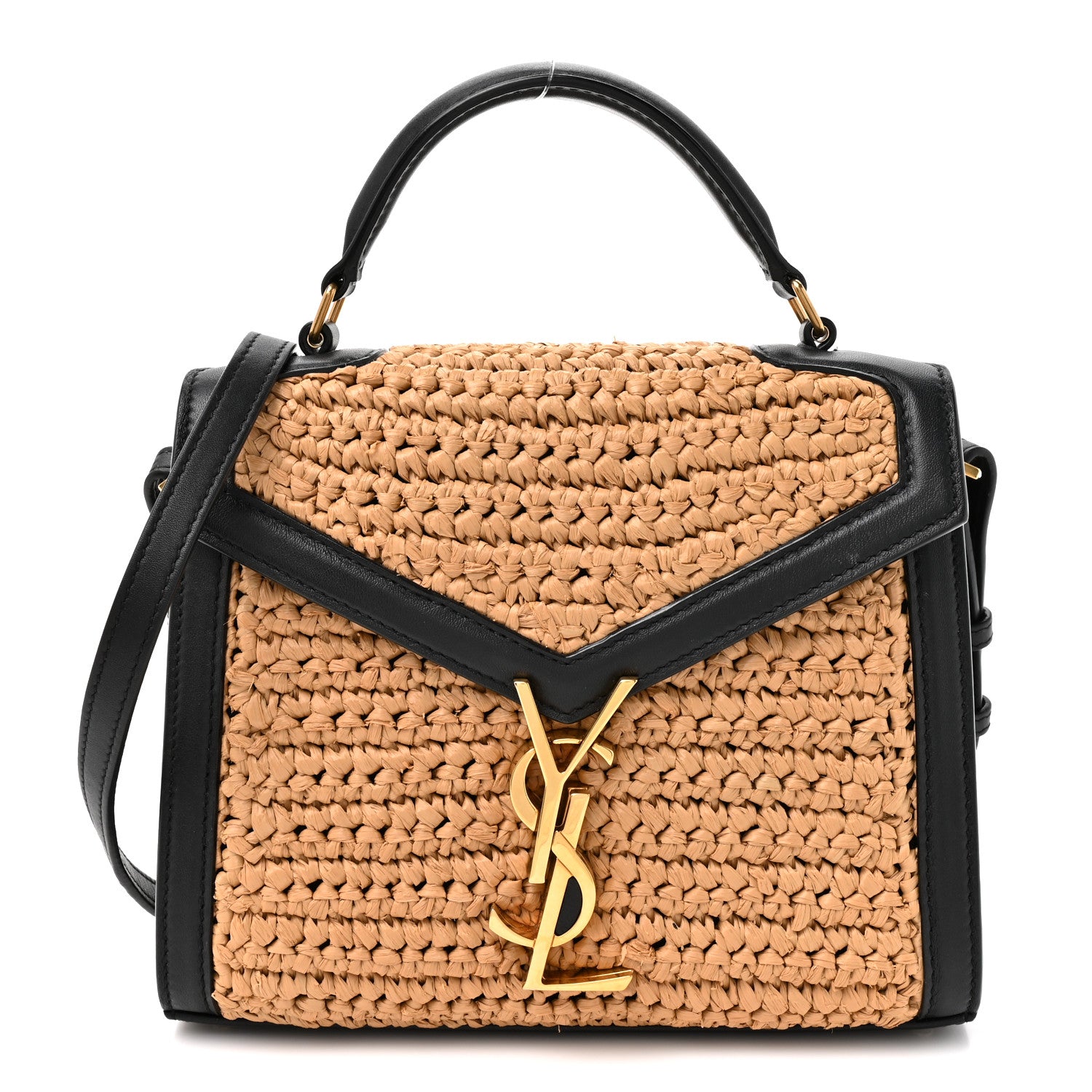 Saint Laurent Raffia Calfskin Mini Classic Monogram Cassandra Top Handle Black Natural 1 of 9