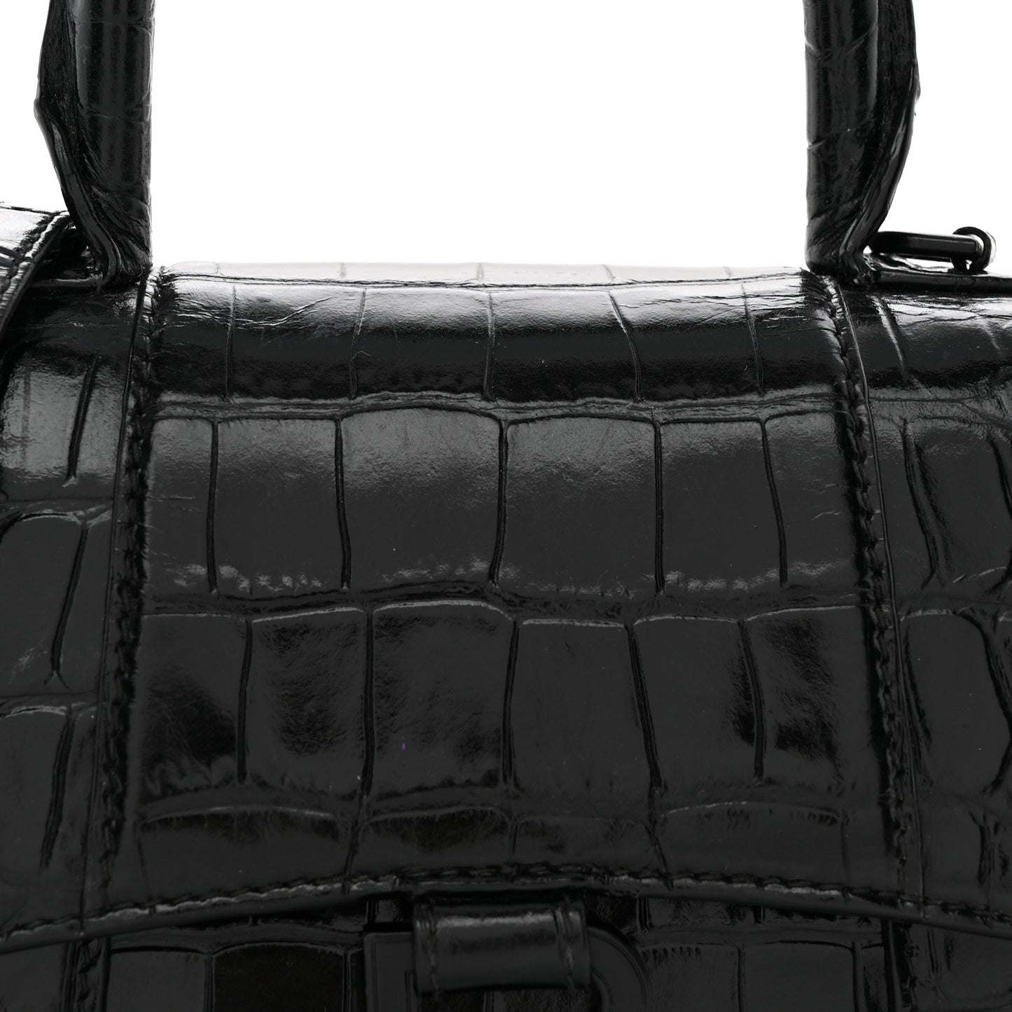 Shiny Calfskin Monochrome Crocodile Embossed Hourglass Top Handle Bag XS Black