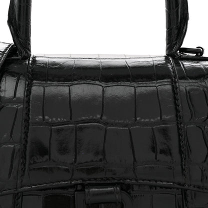 Balenciaga Shiny Calfskin Monochrome Crocodile Embossed Hourglass Top Handle Bag XS Black 9 of 17