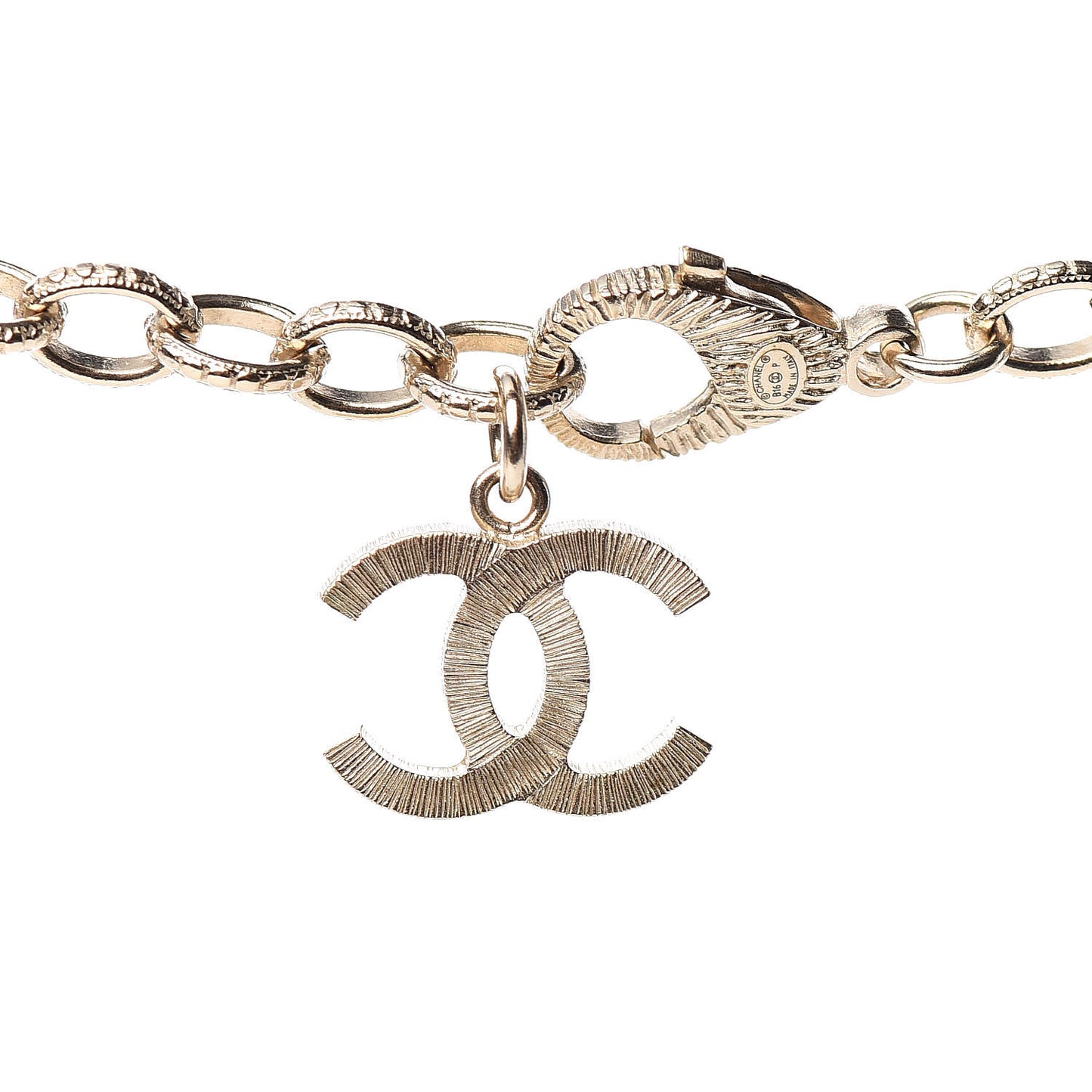 Quilted CC Long Chain Necklace Gold Pearly White