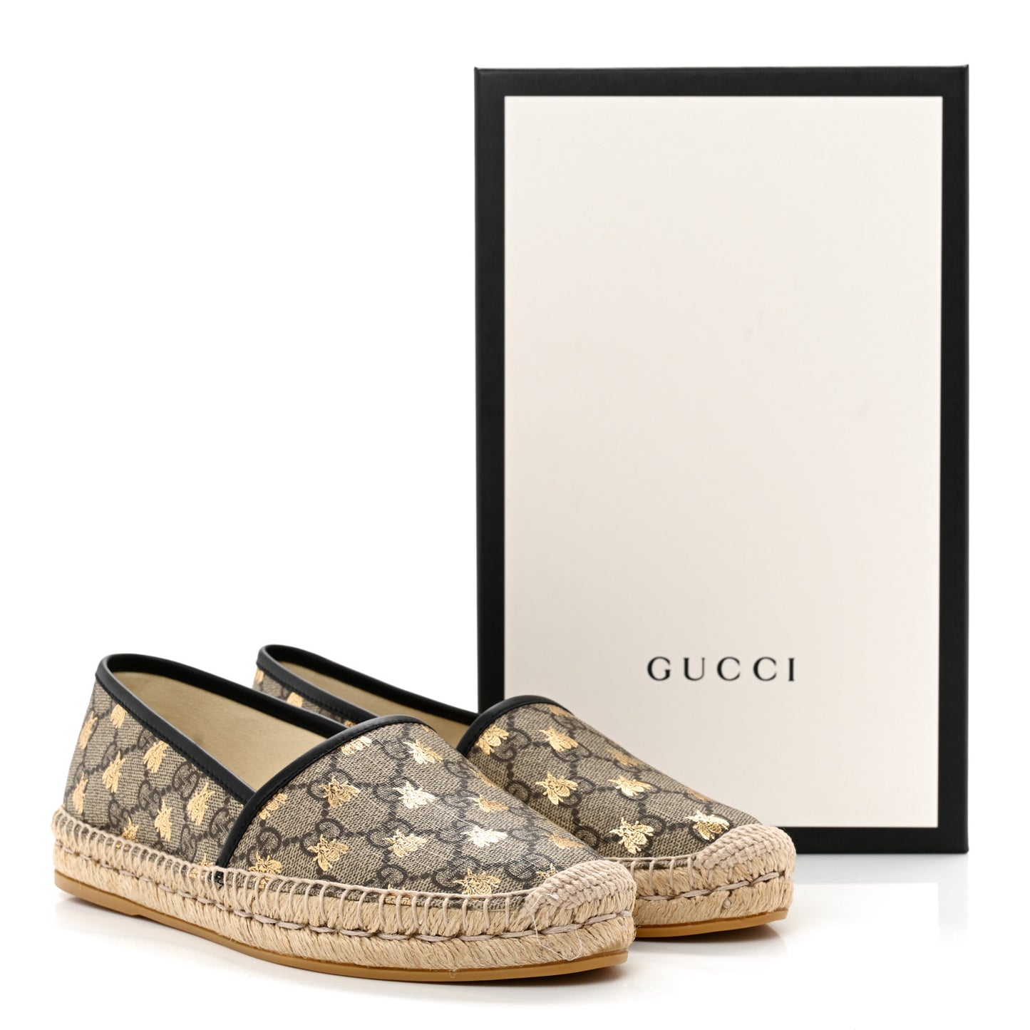 GG Supreme Monogram Bees Espadrille Flats 38 Beige Ebony Oro Black