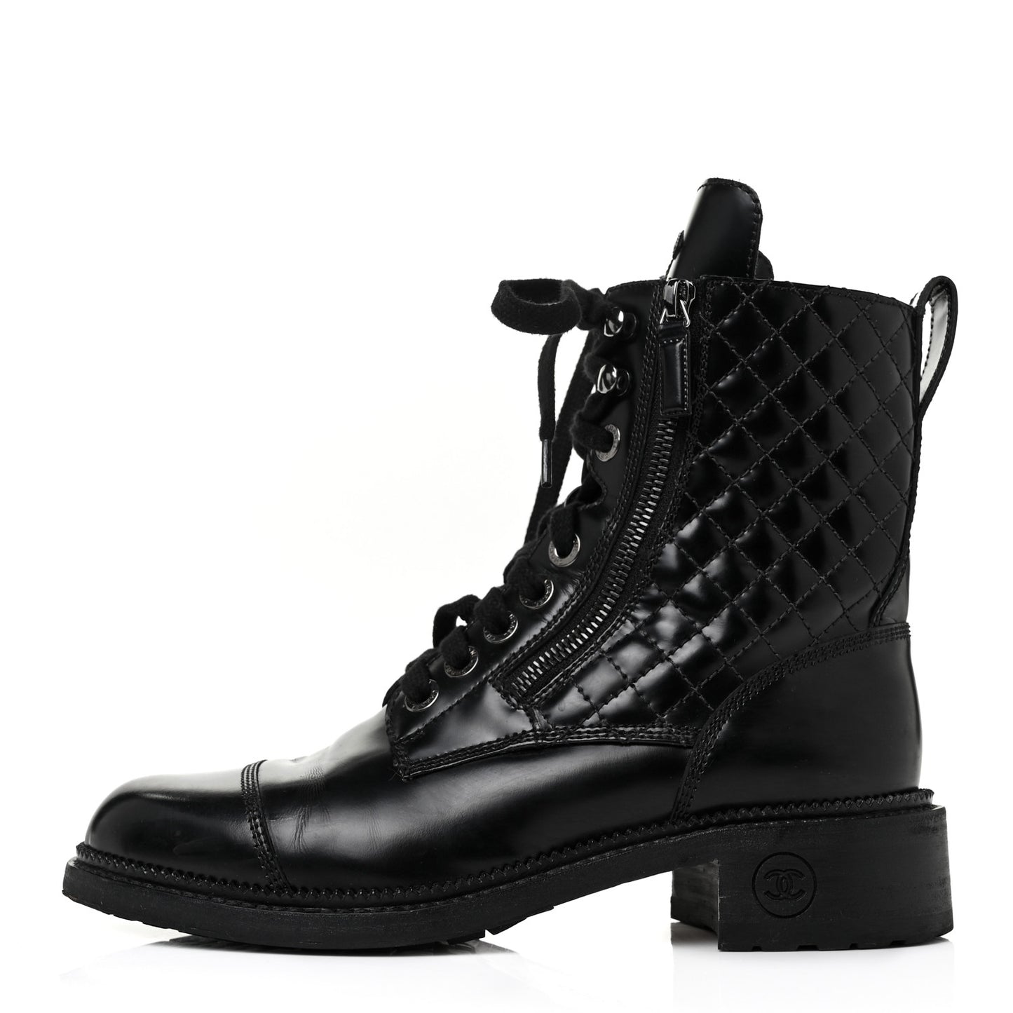 Calfskin Quilted Lace Up Combat Boots 38.5 Black
