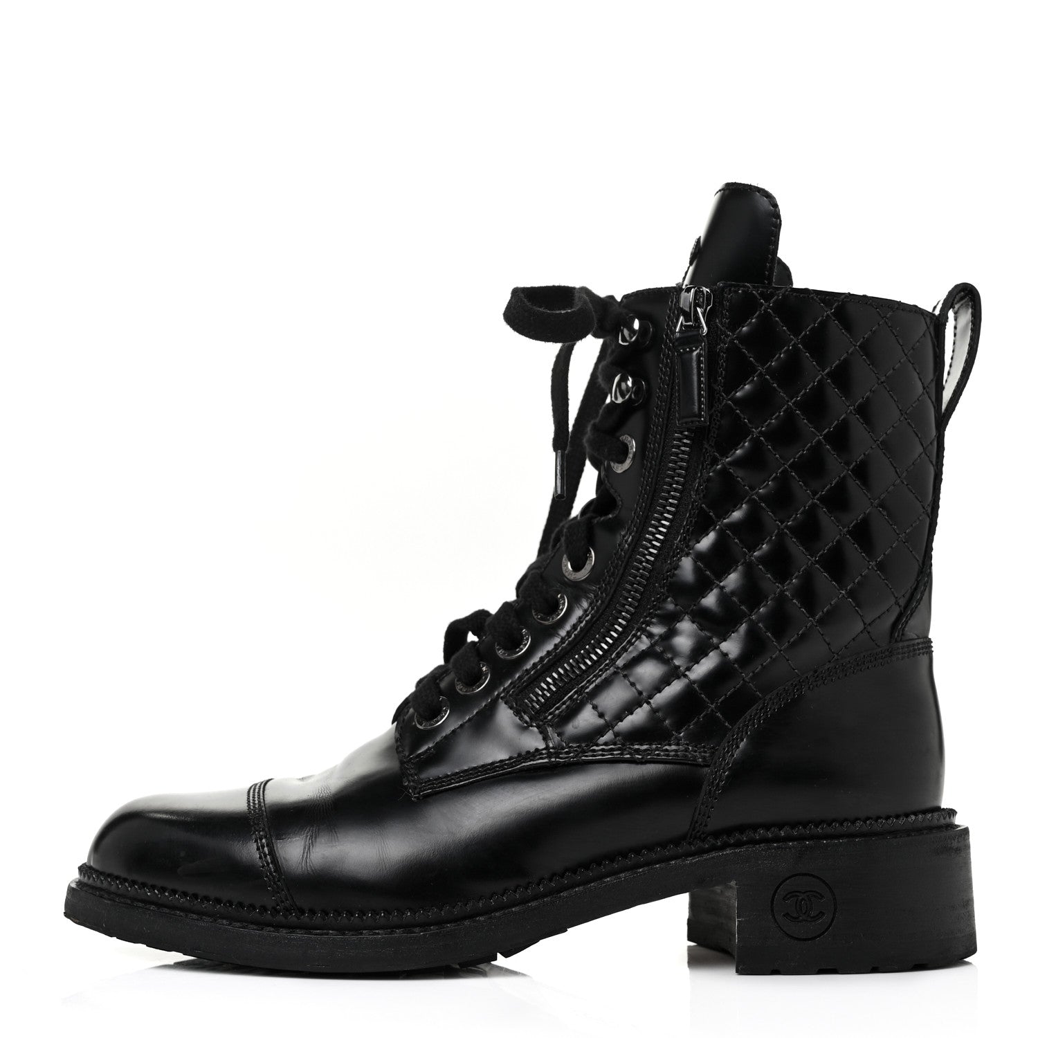 Chanel Calfskin Quilted Lace Up Combat Boots 38.5 Black 1 of 7