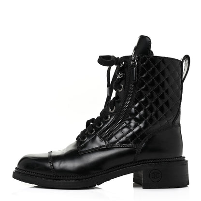 Chanel Calfskin Quilted Lace Up Combat Boots 38.5 Black 1 of 7