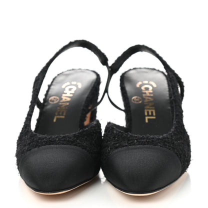 Chanel Tweed Cap Toe CC Slingback Pumps 35.5 Black 2 of 9