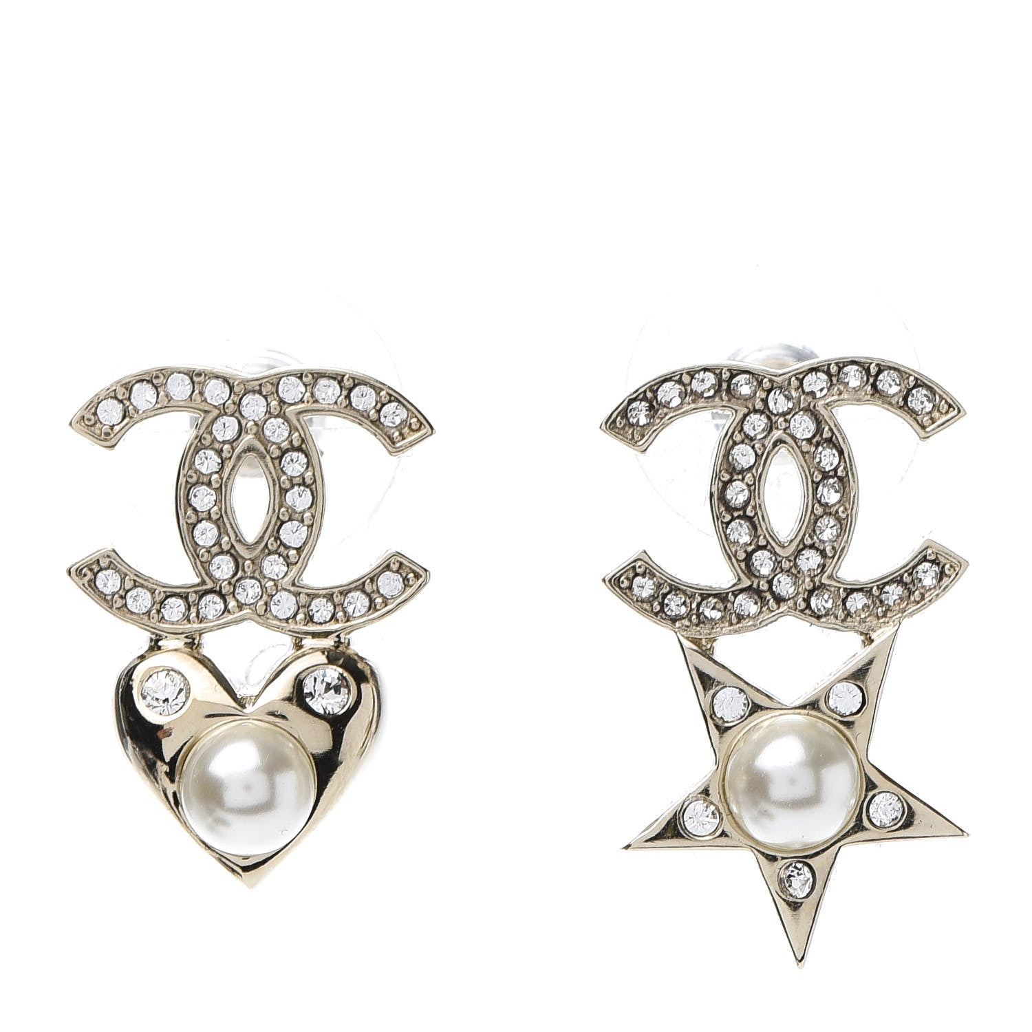 Chanel Crystal Pearl Charming Winter CC Star Heart Earrings Gold 1 of 5