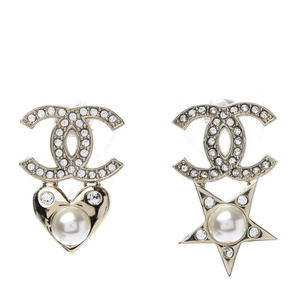 Chanel Crystal Pearl Charming Winter CC Star Heart Earrings Gold 1 of 5