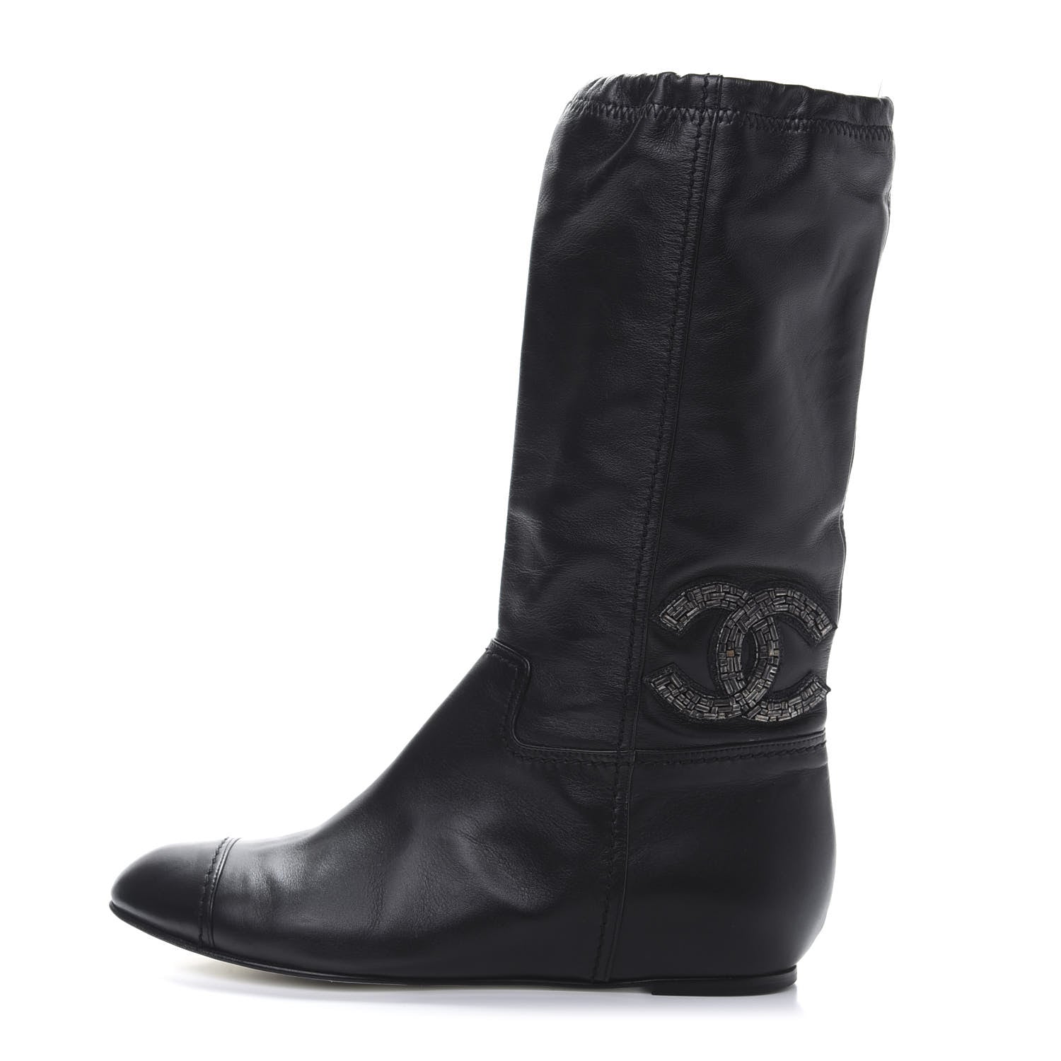 Chanel Lambskin Beaded CC Boots 37.5 Black 1 of 7