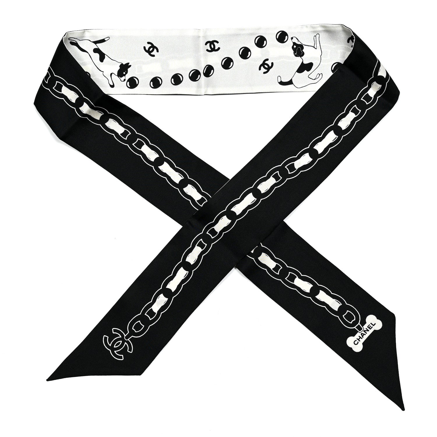 Chanel Silk CC Puppies Slim Bandeau Scarf Black Ecru 1 of 3
