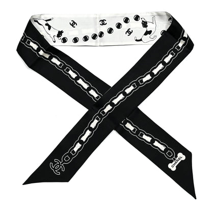 Chanel Silk CC Puppies Slim Bandeau Scarf Black Ecru 1 of 3