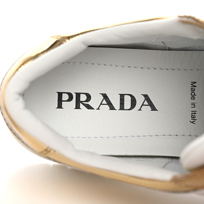 Prada Vitello Metallic Calfskin Metal Triangle Logo Womens Downtown Low Top 30mm Sneakers 41 White Platino 7 of 12