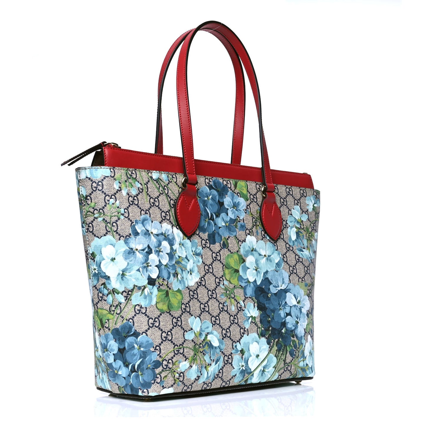 GG Supreme Monogram Blooms Medium Zippered Bucket Tote Beige Blue Navy Hibiscus Red