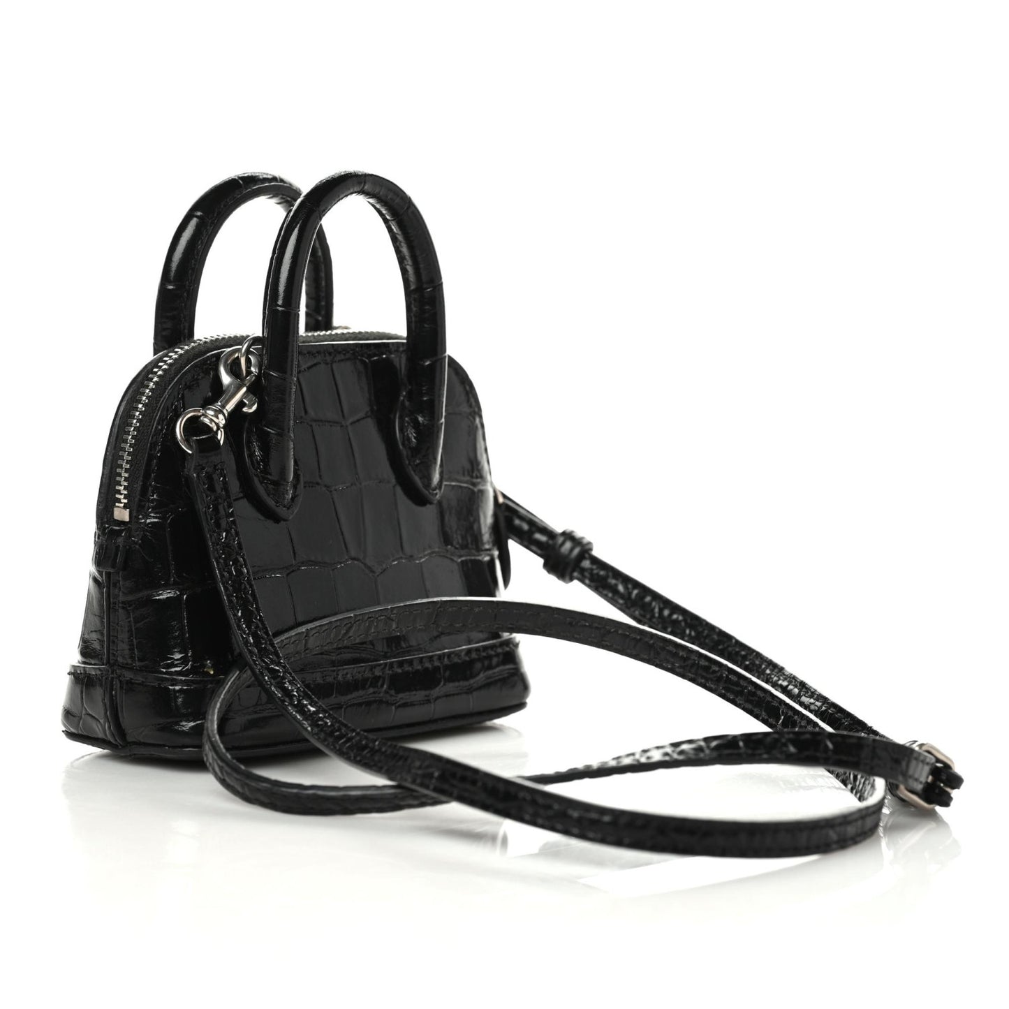 Shiny Calfskin Logo Crocodile Embossed Mini Ville Top Handle Bag Black