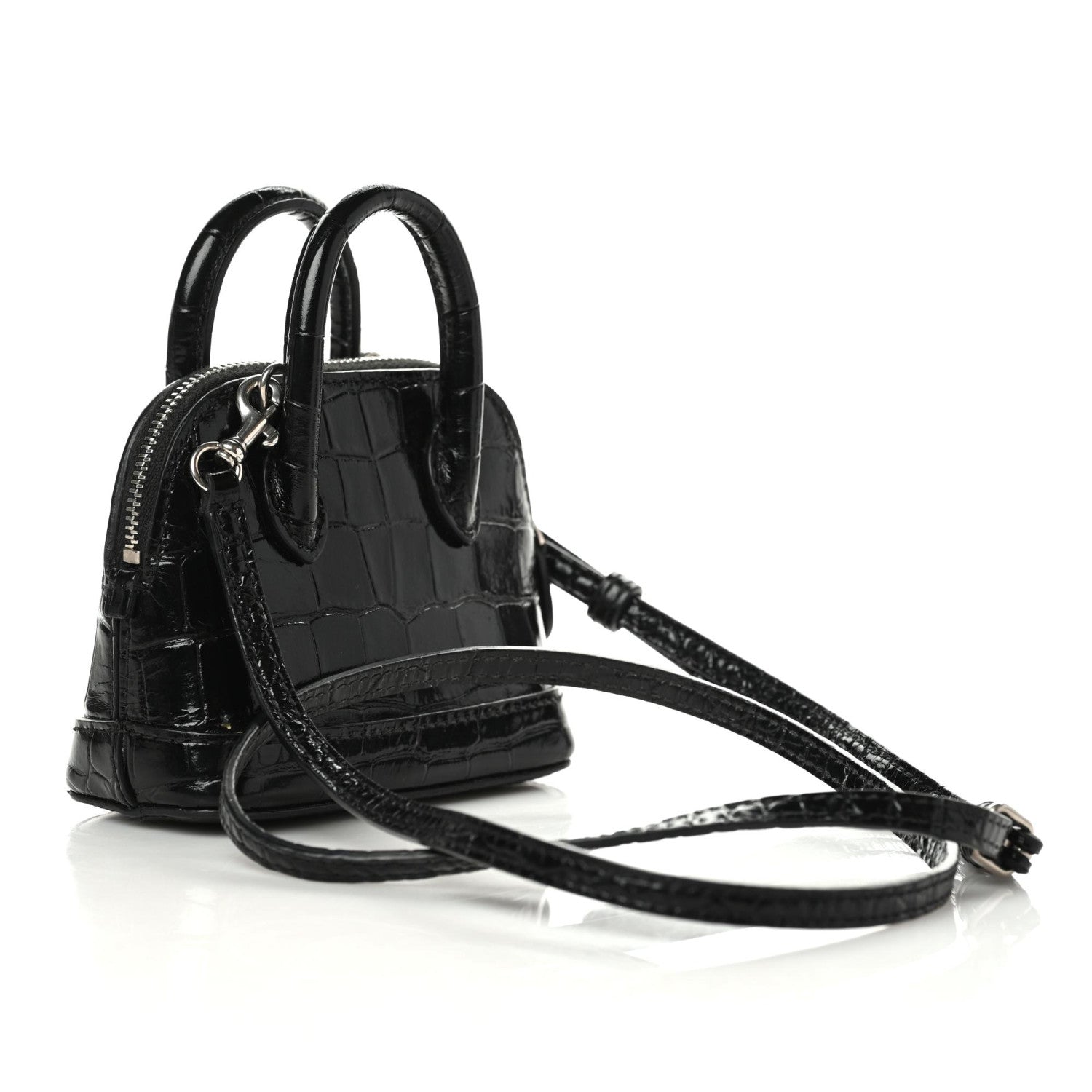 Balenciaga Shiny Calfskin Logo Crocodile Embossed Mini Ville Top Handle Bag Black 3 of 8