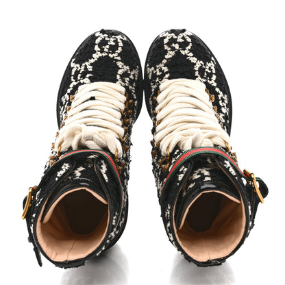 Gucci Tweed GG Monogram Lace Up Combat Ankle Boots 37 Black 2 of 9