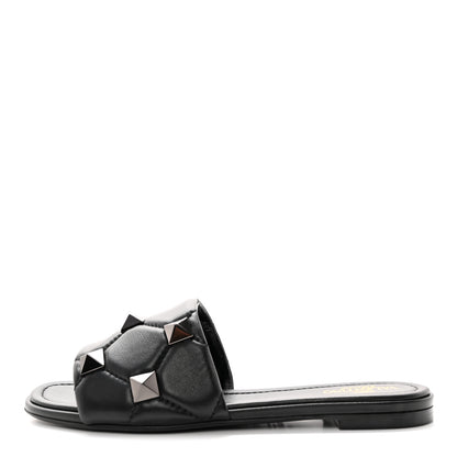 Valentino Garavani Nappa Roman Stud Flat Slide Sandals 38 Black 1 of 11
