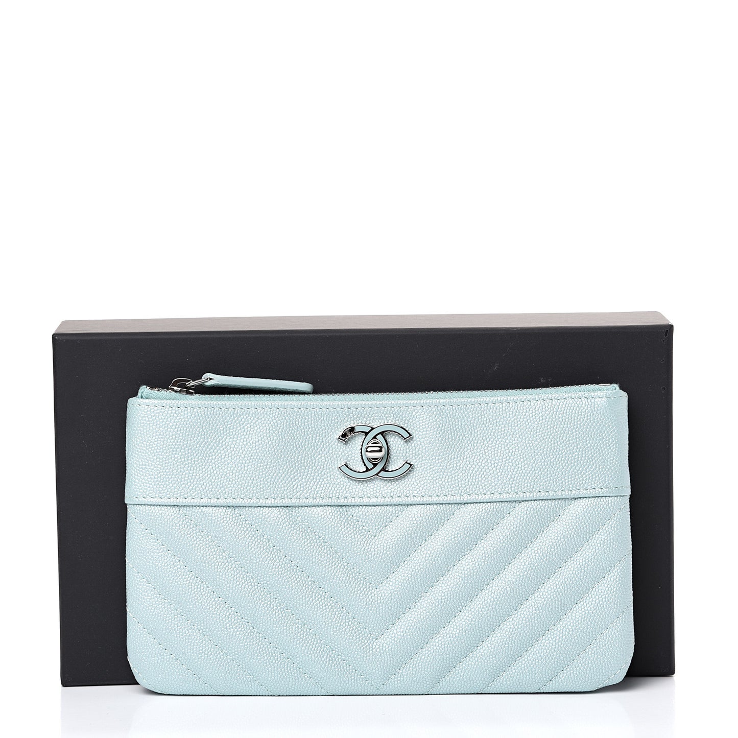 Metallic Caviar Chevron Quilted Mademoiselle Vintage Zip Pouch Light Blue
