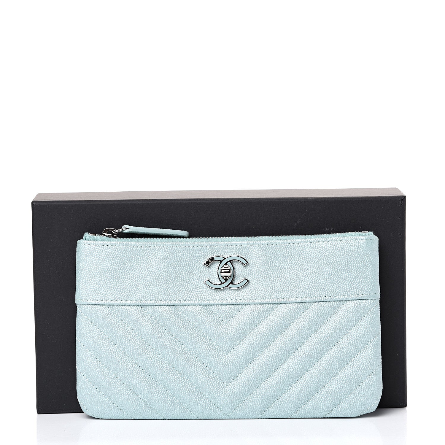 Chanel Metallic Caviar Chevron Quilted Mademoiselle Vintage Zip Pouch Light Blue 7 of 7