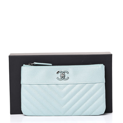 Chanel Metallic Caviar Chevron Quilted Mademoiselle Vintage Zip Pouch Light Blue 7 of 7