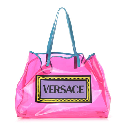 Versace Vinyl Calfskin 90s Logo Tote Pink Blue 2 of 5