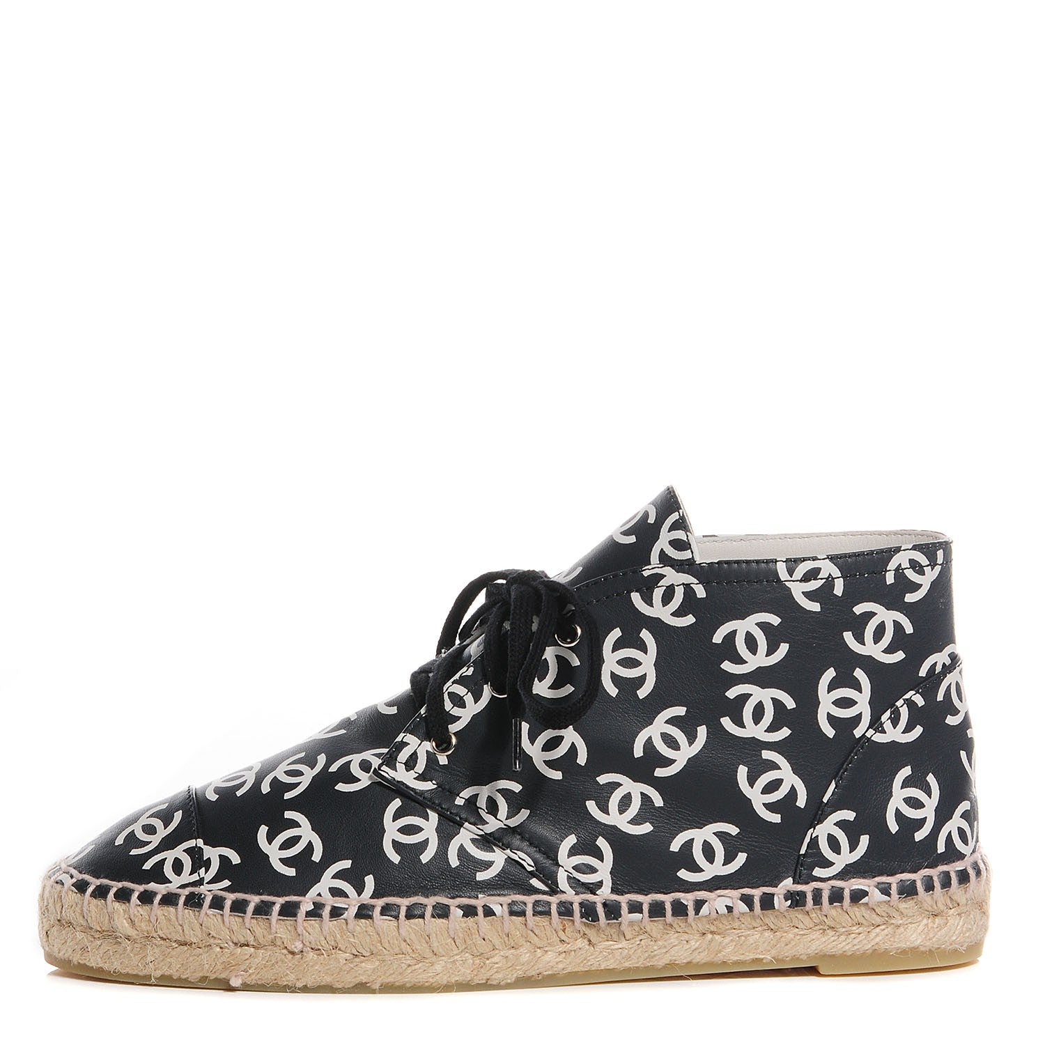 Chanel Lambskin Printed CC Lace Up Espadrilles 39 Black White 1 of 7